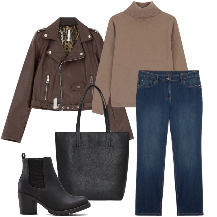 Outfit donna - Il chiodo marrone. Stile Basic per Tutti i giorni. Abbinamento con stivaletti, borse tote, maglieria, giacche, jeans dritti.