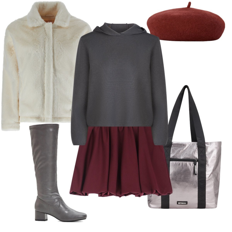 Outfit donna - Preppy con basco. Stile Preppy per Tutti i giorni. Abbinamento con stivali, minigonne, cappotti, shopping bag, maglieria, cappelli e berretti.