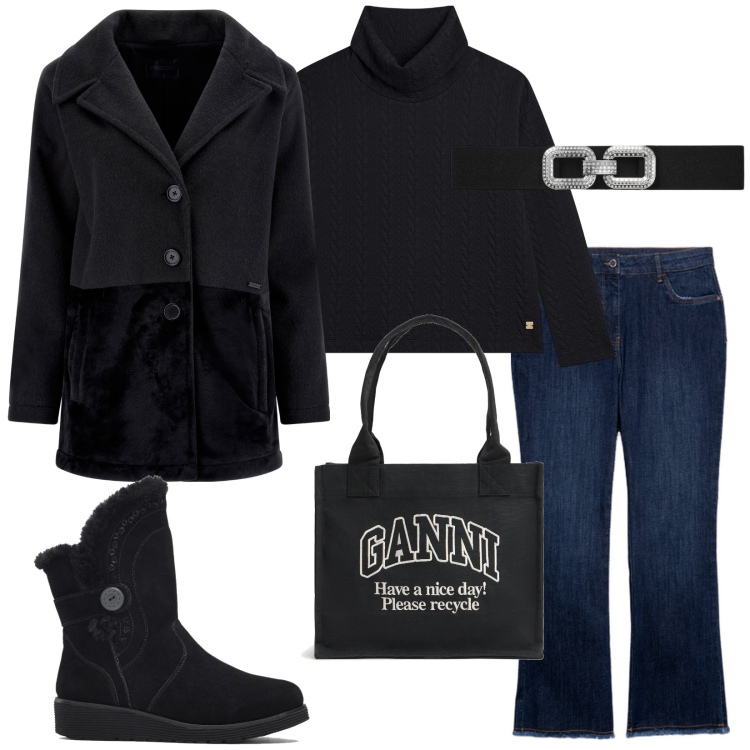 Outfit donna - Total look #2043230. Stile Casual per Tutti i giorni. Abbinamento con stivali, cinture, cappotti, maglieria, jeans a zampa, shopping bag.