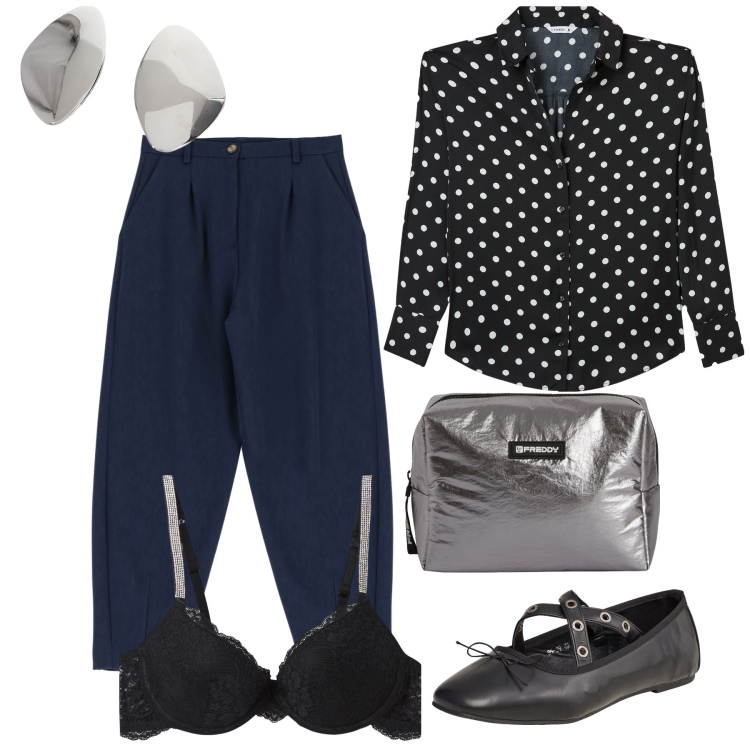 Outfit donna - La camicia a pois. Stile Bon Ton per Ufficio. Abbinamento con ballerine, camicie, reggiseni a balconcino, valigie, pantaloni, orecchini.