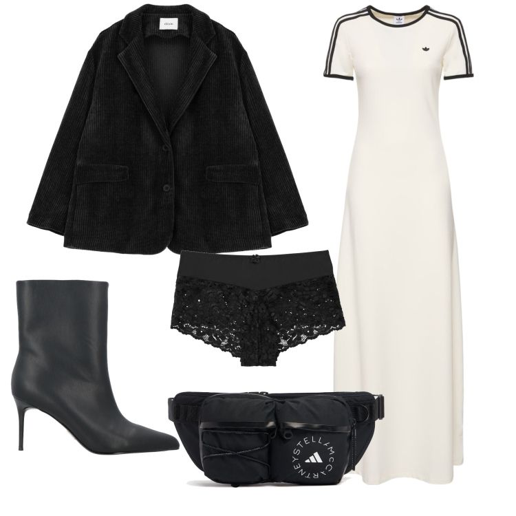 Outfit donna - Total look. Stile Sporty chic per Serata fuori. Abbinamento con culotte, stivaletti, blazer, marsupi, vestiti.
