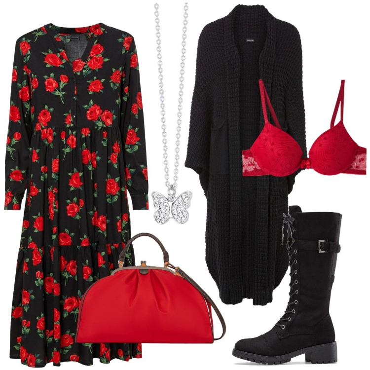 Outfit donna - Romantiche rose rosse. Stile Romantica per Serata fuori. Abbinamento con stivali, vestiti midi/longuette, cardigans, reggiseni push-up, collane, borse a spalla.