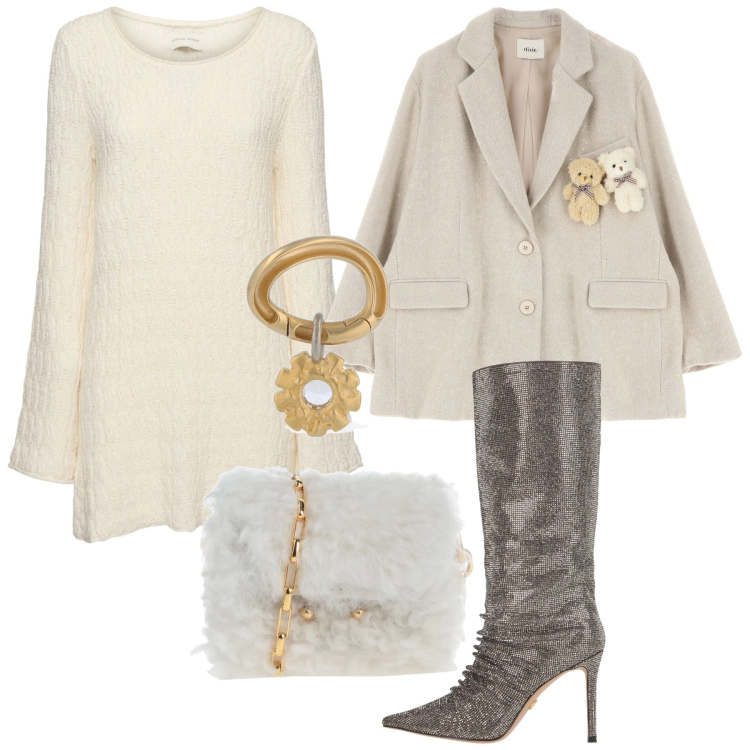 Outfit donna - Cerimonia a febbraio. Stile Chic per Cerimonia. Abbinamento con stivali, borse a tracolla, blazer, vestiti, orecchini.