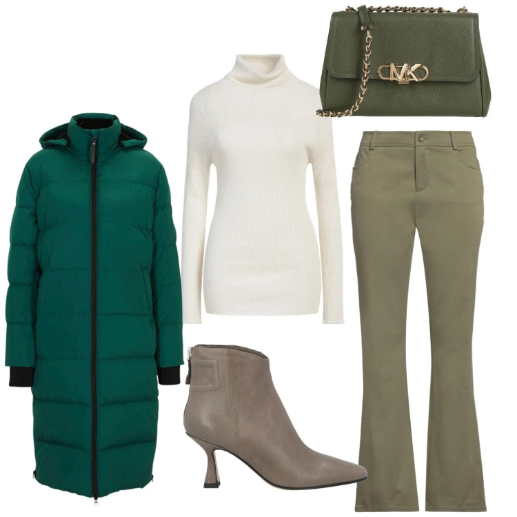 Outfit donna - Maxi piumino. Stile Bon Ton per Tutti i giorni. Abbinamento con piumini, pantaloni, borse a tracolla, maglieria, stivaletti.