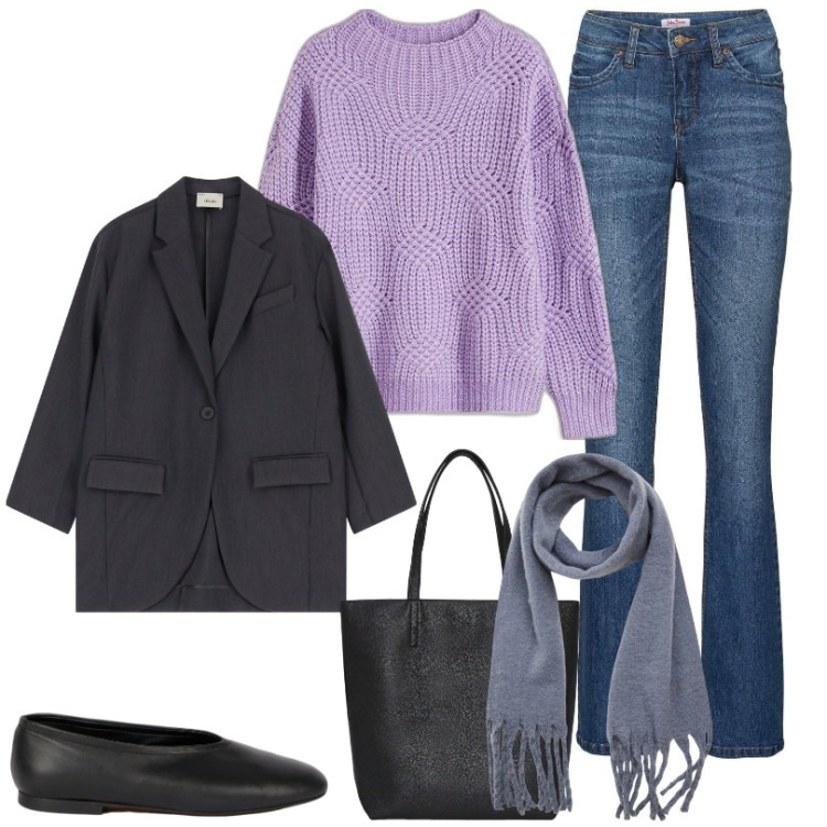 Outfit donna - Maglione in filato grosso. Stile Casual per Ufficio. Abbinamento con jeans bootcut, maglieria, borse tote, sciarpe, blazer, ballerine.