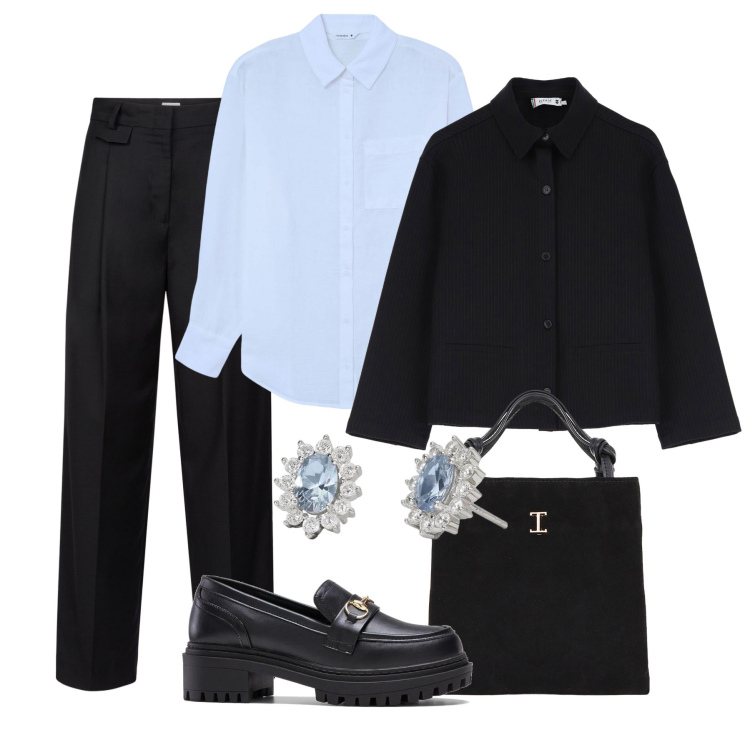 Outfit donna - Total black e camicia a contrasto. Stile Mannish per Ufficio. Abbinamento con mocassini, camicie, orecchini, cappotti, shopping bag, pantaloni.