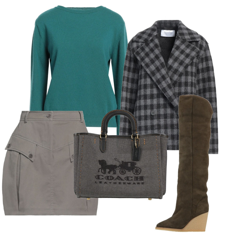Outfit donna - Mix in verde. Stile Urban per Tutti i giorni. Abbinamento con pullovers, minigonne, borse a mano, caban, stivali sopra il ginocchio.