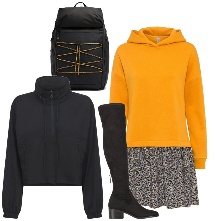 Outfit donna - In ateneo. Stile Bon Ton per Scuola/Università. Abbinamento con vestiti, stivali sopra il ginocchio, zaini, blazer.