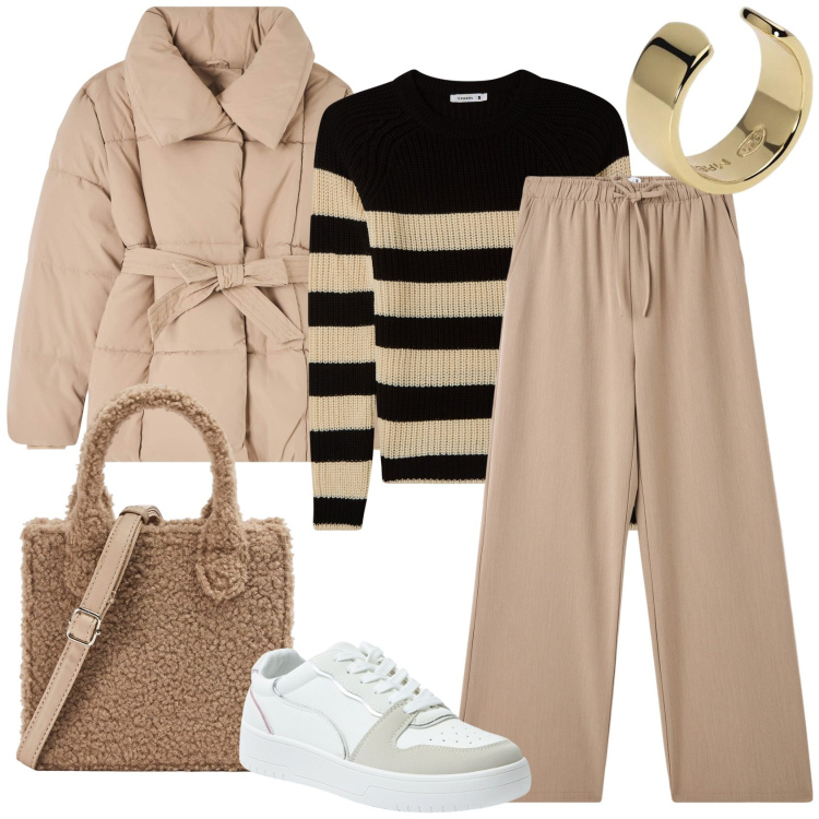 Outfit donna - Sporty chic mocha mousse inspiration. Stile Sporty chic per Tutti i giorni. Abbinamento con maglieria, pantaloni, shopping bag, sneakers, piumini, orecchini.
