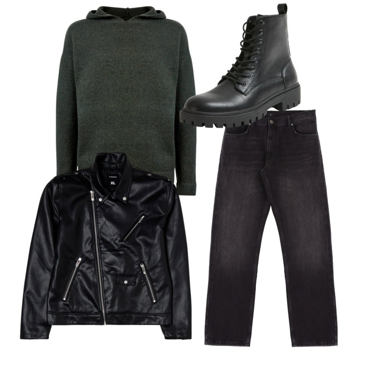 Outfit uomo - City. Stile Urban per Tutti i giorni. Abbinamento con giacche, anfibi, jeans dritti, maglieria.