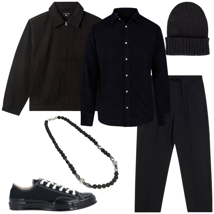 Outfit uomo - Total black. Stile Casual per Tutti i giorni. Abbinamento con sneakers, giacche, pantaloni, collane, berretti, camicie.