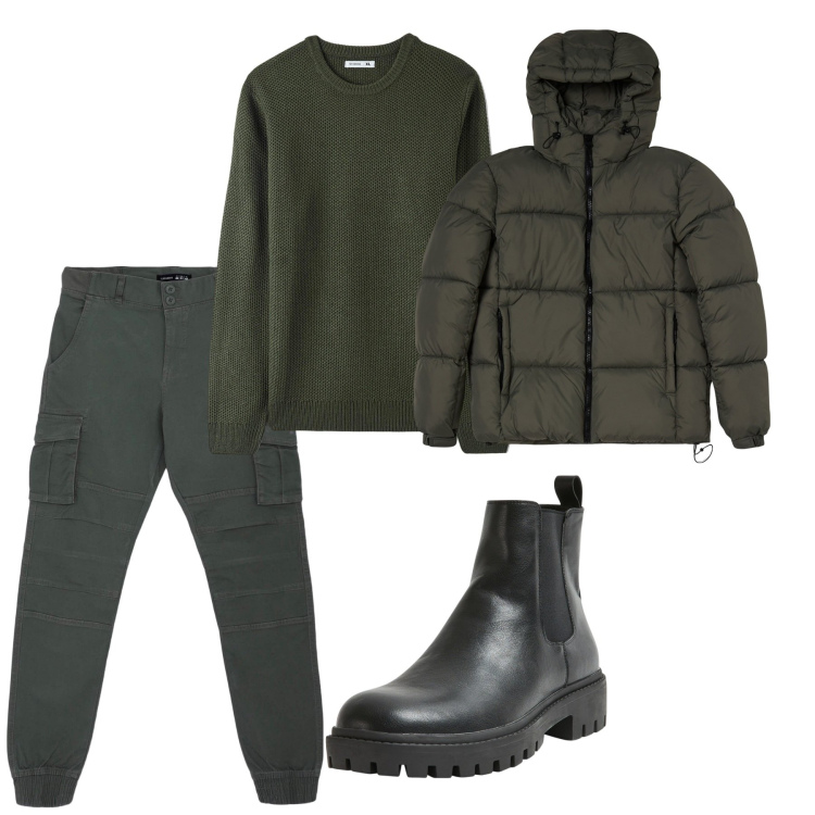 Outfit uomo - Total look. Stile Urban per Tutti i giorni. Abbinamento con pantaloni cargo, maglieria, stivali e stivaletti, piumini.