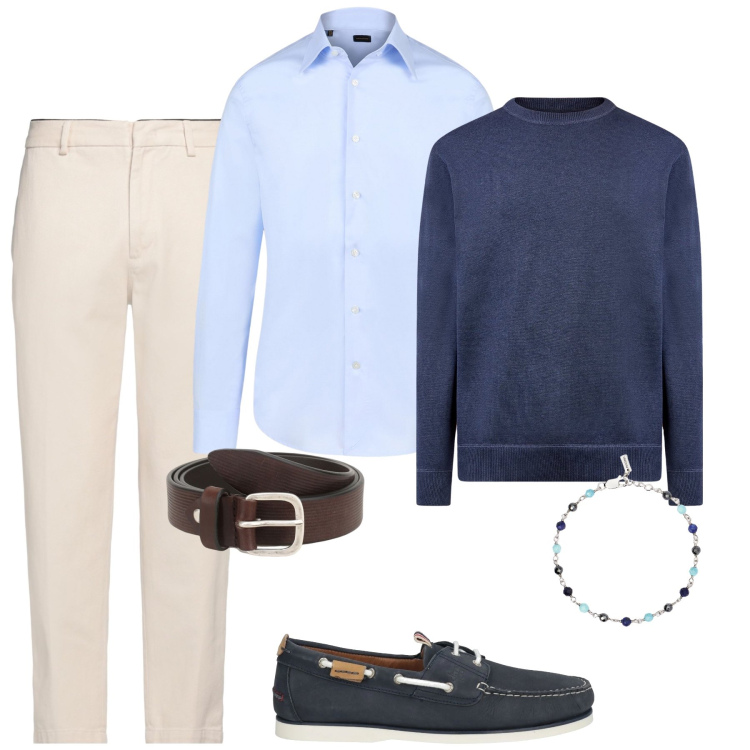 Outfit uomo - Pantalone bianco a gennaio. Stile Business/Elegante per Cerimonia. Abbinamento con scarpe stringate, pantaloni, braccialetti, cinture, camicie, maglieria.