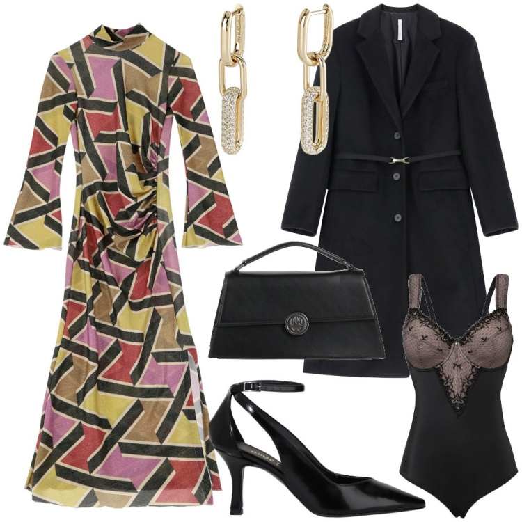 Outfit donna - L\'abito con stampa grafica. Stile Urban per Serata fuori. look ideale per Tall. Abbinamento con body, borse a mano, orecchini, cappotti, vestiti lunghi, décolleté.