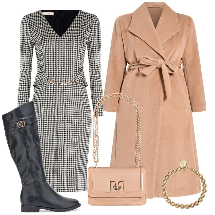 Outfit donna - Eleganza e comodita \'in beige. Stile Bon Ton per Tutti i giorni. Abbinamento con vestiti midi/longuette, cappotti, borse a tracolla, braccialetti, stivali sopra il ginocchio.