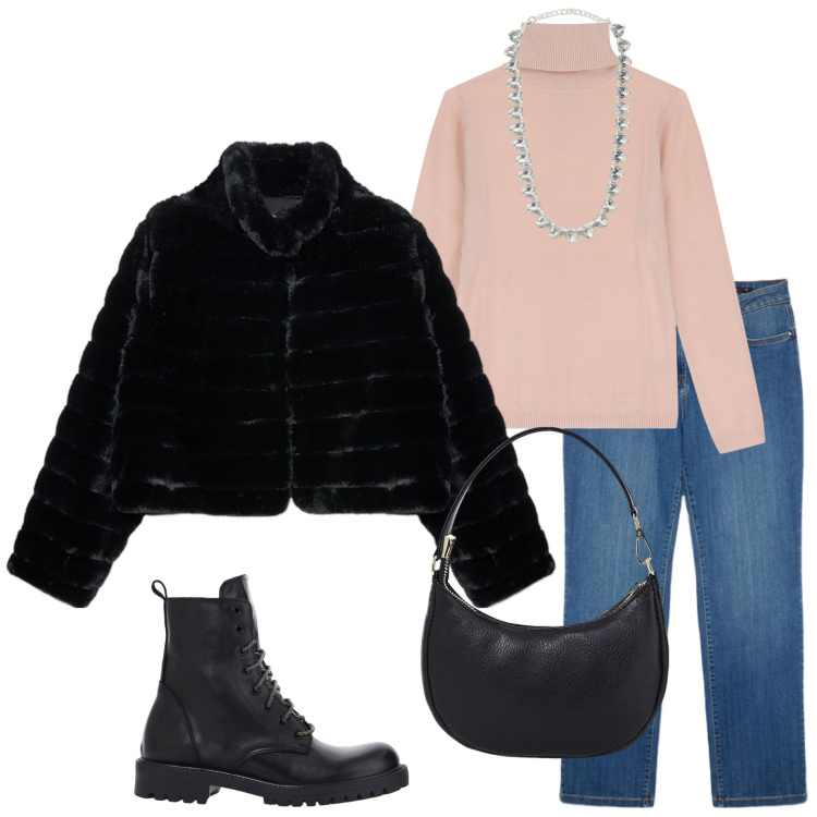 Outfit donna - In città. Stile Urban per Tutti i giorni. Abbinamento con collane, maglieria, stivaletti, borse a spalla, blazer, jeans dritti.