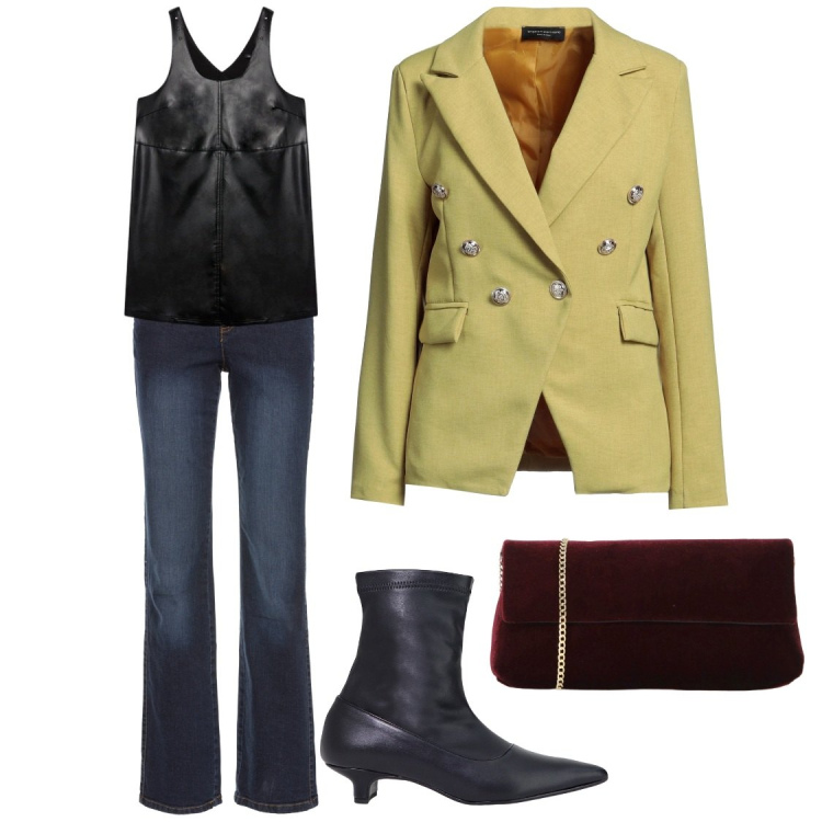 Outfit donna - allegra in giallo. Stile Casual chic per Serata fuori. Abbinamento con jeans dritti, blazer, stivaletti, pochette, vestiti corti.