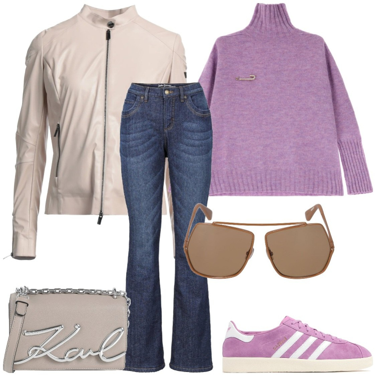 Outfit donna - Adidas. Stile Casual chic per Tutti i giorni. Abbinamento con jeans bootcut, blazer, borse a tracolla, maglieria, sneakers, occhiali da sole.