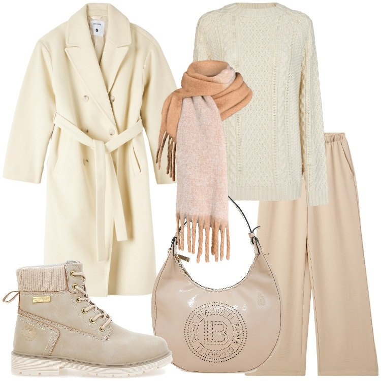 Outfit donna - Cappotti avvolgenti e maxi sciarpe. Stile Trendy per Tutti i giorni. Abbinamento con pantaloni, cappotti, sciarpe, stivaletti, borse a spalla, maglieria.
