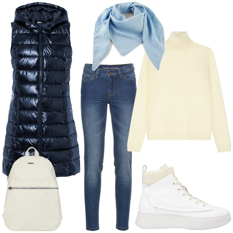 Outfit donna - Di fretta. Stile Casual chic per Tutti i giorni. Abbinamento con jeans skinny, gilet, foulard, sneakers alte, maglieria, zaini.