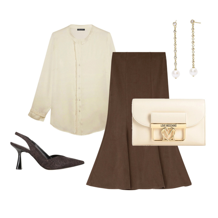 Outfit donna - Gonna a ruota marrone. Stile Chic per Cerimonia. Abbinamento con décolleté, borse a mano, orecchini, gonne, camicie.