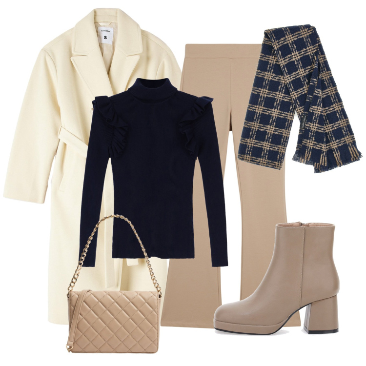 Outfit donna - Beige e blu. Stile Chic per Serata fuori. Abbinamento con cappotti, borse a tracolla, maglieria, pantaloni, sciarpe, stivaletti.
