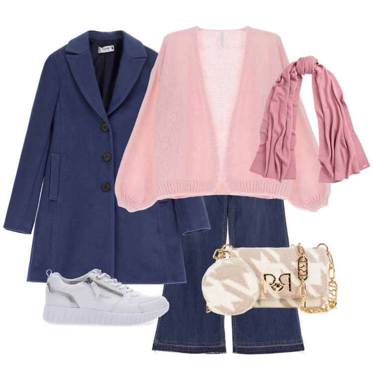 Outfit donna - Blu e rosa. Stile Casual chic per Tutti i giorni. Abbinamento con cappotti, jeans, borse a tracolla, cardigans, sciarpe, sneakers.