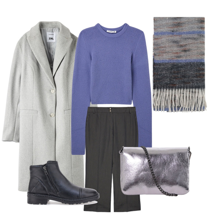 Outfit donna - Grigio e viola. Stile Casual per Tutti i giorni. Abbinamento con maglieria, cappotti, foulard, pochette, stivaletti, pantaloni.