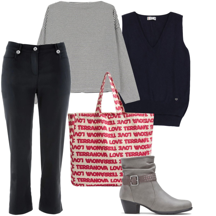 Outfit donna - Un po’ di colore. Stile Basic per Tutti i giorni. Abbinamento con pantaloni capri, stivaletti, borse tote, maglieria, maglieria.