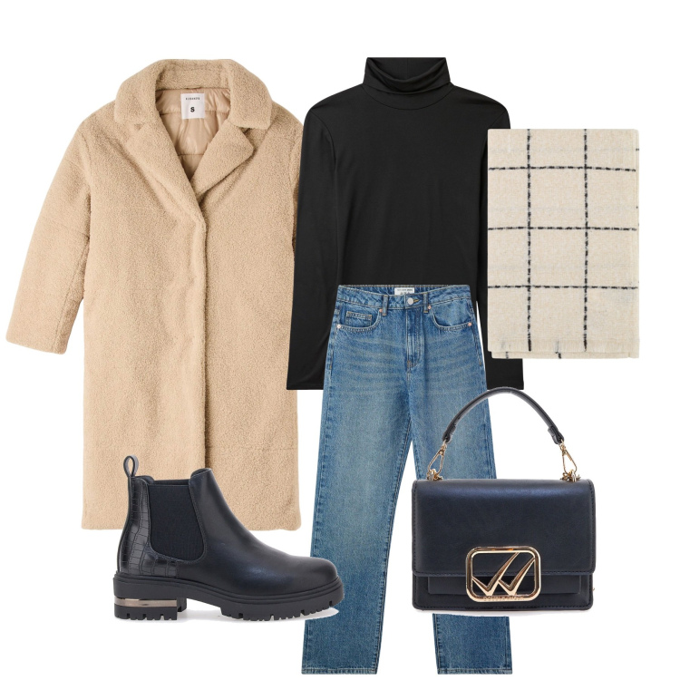 Outfit donna - Cappotto beige. Stile Casual per Tutti i giorni. Abbinamento con jeans dritti, maglieria, cappotti, sciarpe, stivaletti chelsea, borse a tracolla.