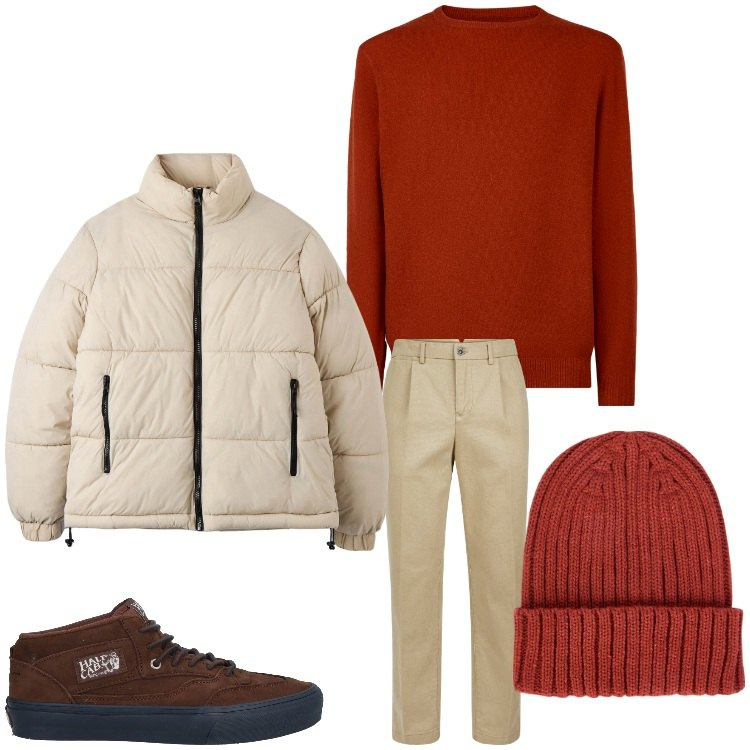 Outfit uomo - Gennaio. Stile Casual per Tutti i giorni. Abbinamento con sneakers alte, piumini, pantaloni, maglieria, berretti.
