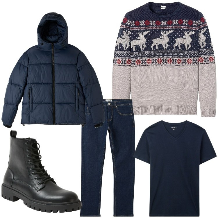 Outfit uomo - Un bel pullover. Stile Casual per Tutti i giorni. Abbinamento con maglieria, t-shirt, piumini, anfibi, jeans.