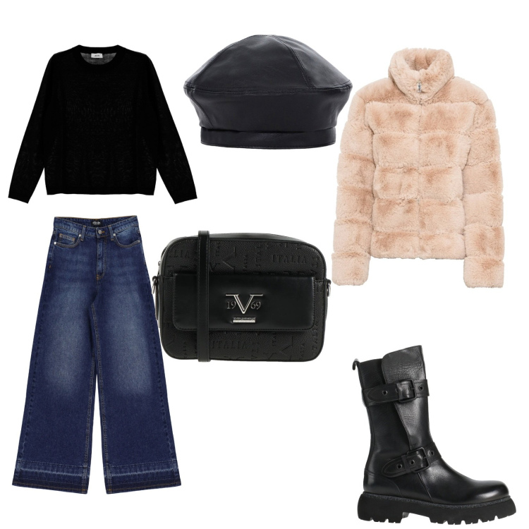 Outfit donna - Con amici. per Serata fuori. Abbinamento con ecopellicce, stivaletti, borse a tracolla, jeans, cappelli e berretti, maglieria.