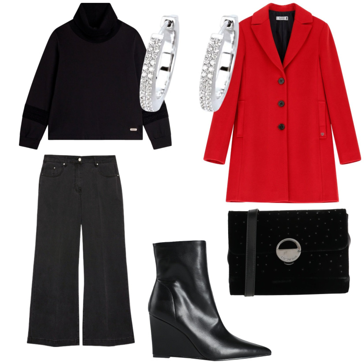 Outfit donna - Il cappotto rosso. per Tutti i giorni. Abbinamento con borse a tracolla, stivaletti, orecchini, cappotti, felpe, jeans.