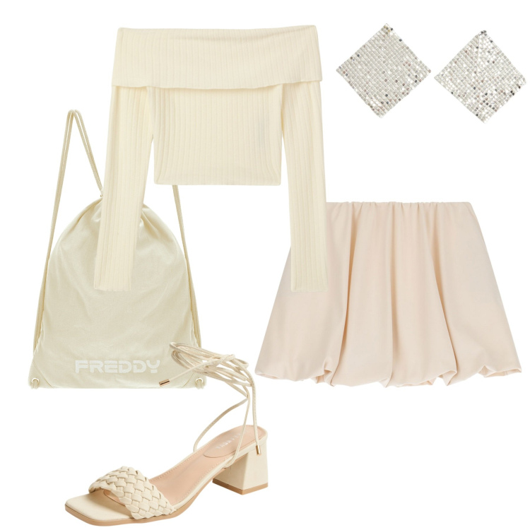 Outfit donna - Bianco panna. Stile Casual chic per Tutti i giorni. Abbinamento con orecchini, sandali alla schiava, maglieria, minigonne, zaini.
