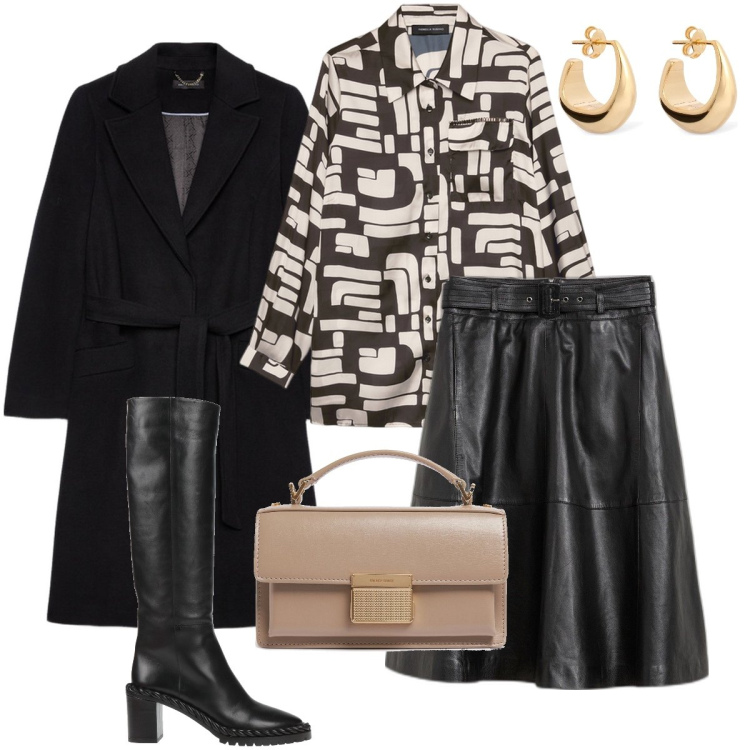 Outfit donna - Il camicione a fantasia. Stile Bon Ton per Serata fuori. Abbinamento con gonne, stivali, cappotti, borse a mano, camicie, orecchini.