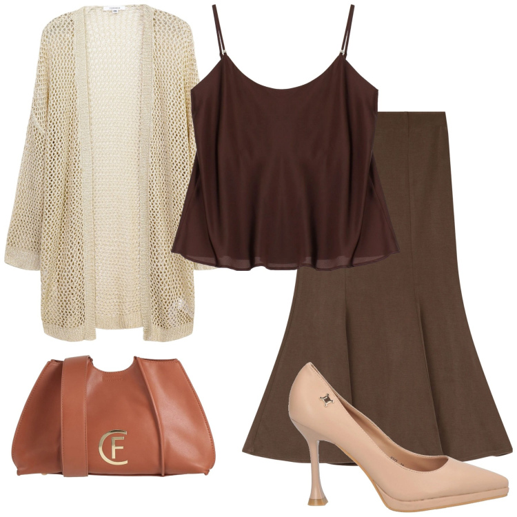 Outfit donna - Linee morbide. Stile Casual chic per Ufficio. Abbinamento con borse a tracolla, décolleté, kimono, top, gonne.