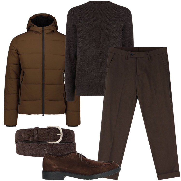 Outfit uomo - Only brown. Stile Business/Elegante per Serata speciale. Abbinamento con scarpe stringate, pantaloni chino, maglieria, cinture, piumini.