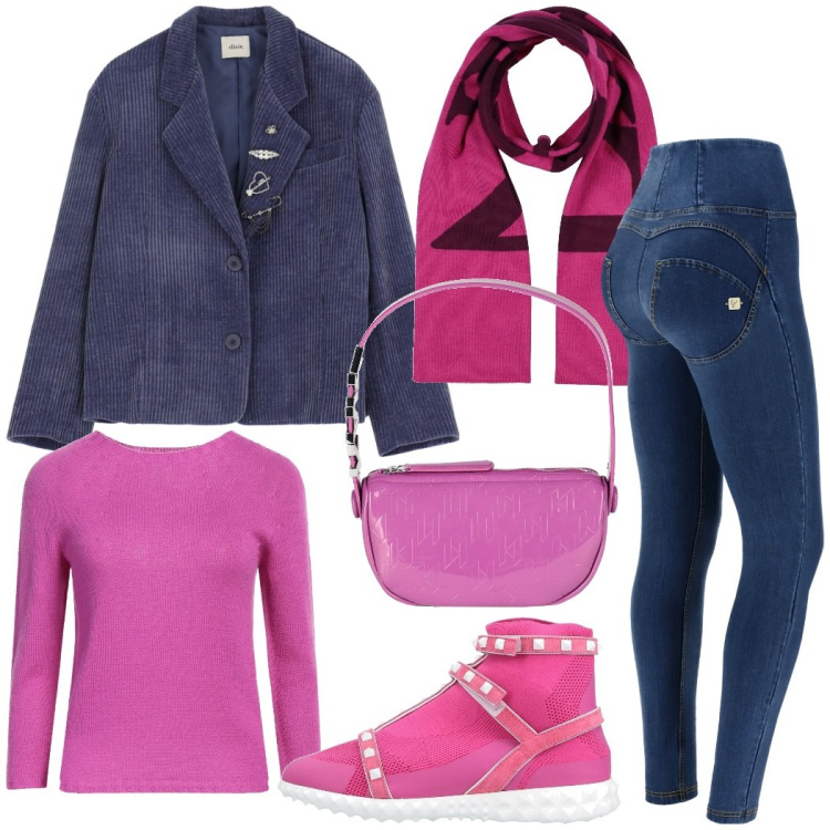 Outfit donna - Rosa e blu. Stile Sporty chic per Tutti i giorni. Abbinamento con sneakers, borse a mano, sciarpe, pullovers, jeans skinny, blazer.