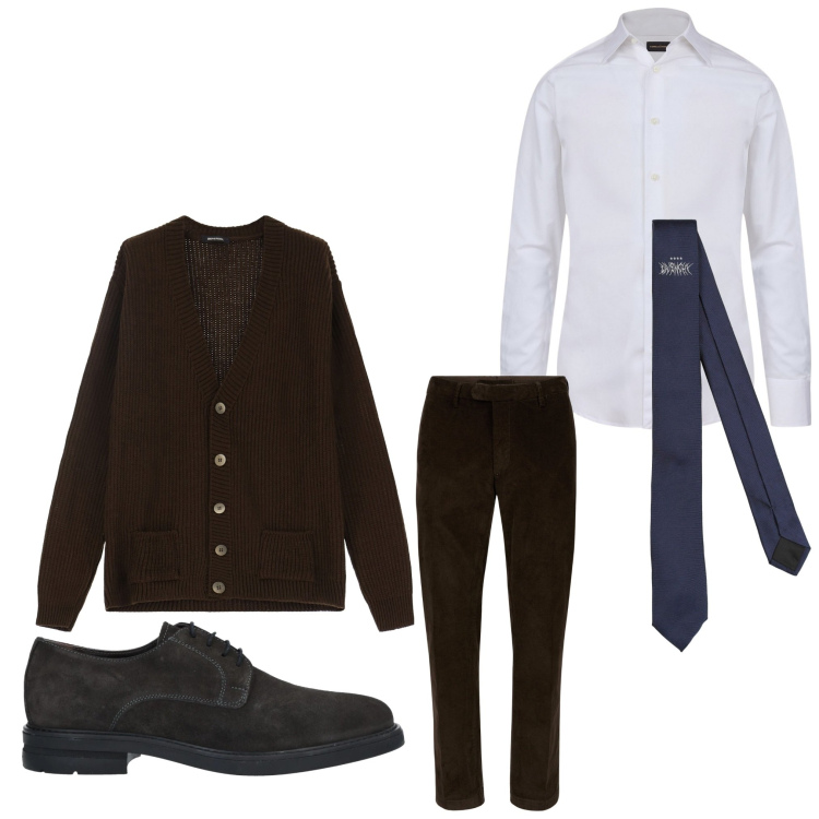 Outfit uomo - Il cardigan come giacca. Stile Business/Elegante per Ufficio. Abbinamento con scarpe stringate, cravatte, cardigans, camicie, pantaloni.