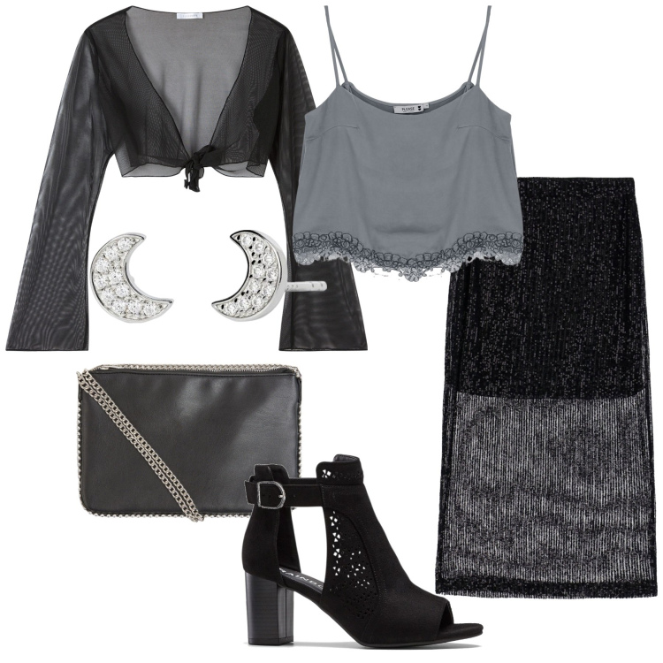 Outfit donna - Silver moon. Stile Casual chic per Serata fuori. Abbinamento con sandali col tacco, borse a tracolla, bolero, orecchini, gonne longuette, top.