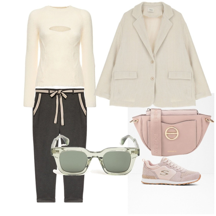 Outfit donna - Giornata a spasso. Stile Casual chic per Tutti i giorni. Abbinamento con sneakers, borse a tracolla, blazer, pantaloni chino, maglieria, occhiali da sole.