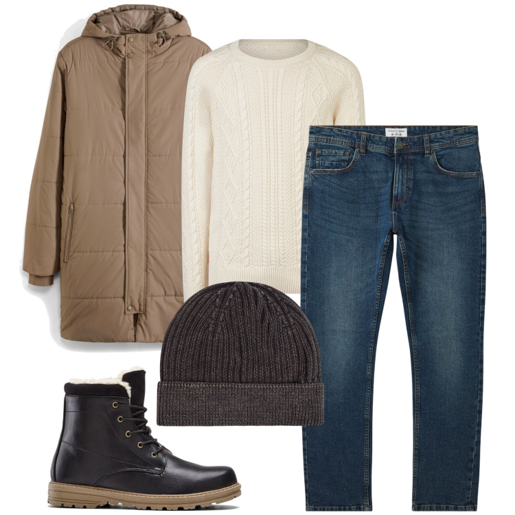 Outfit uomo - La maglia a trecce. Stile Casual per Tutti i giorni. Abbinamento con stivali e stivaletti, giacche, jeans, berretti, maglieria.