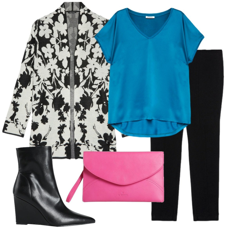 Outfit donna - Total look #2043465. Stile Casual chic per Ufficio. Abbinamento con stivaletti, borse a mano, pantaloni skinny, cardigans, t-shirt.