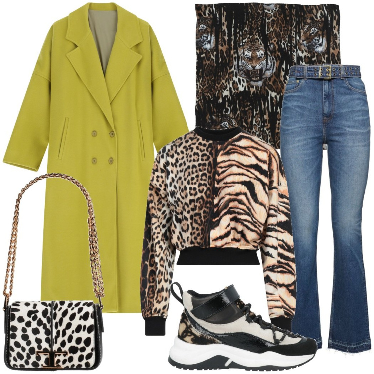 Outfit donna - Animalier e verde acido. Stile Urban per Tutti i giorni. Abbinamento con sneakers, sciarpe, felpe, borse a spalla, cappotti, jeans dritti.