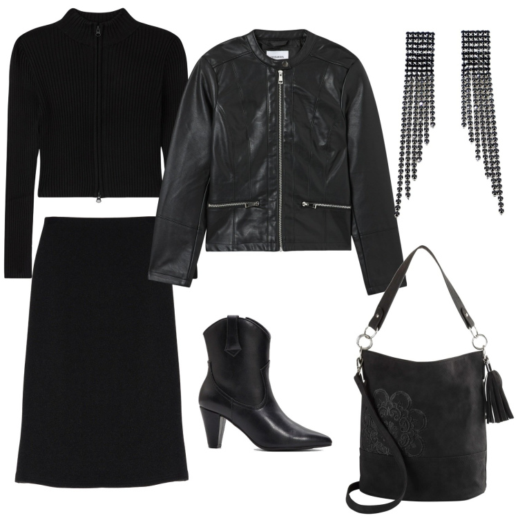 Outfit donna - Total look #2043471. Stile Casual chic per Ufficio. Abbinamento con borse a mano, stivaletti texani, blazer, cardigans, gonne, orecchini.