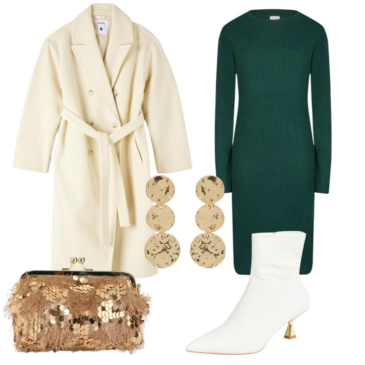 Outfit donna - Serata in verde bianco e oro. Stile Chic per Serata fuori. Abbinamento con stivaletti, cappotti, borse a spalla, vestiti midi/longuette, orecchini.