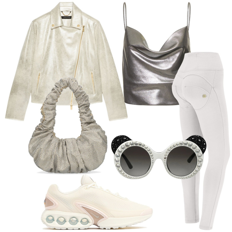 Outfit donna - Bagliori metallici. Stile Glamour per Sport. Abbinamento con occhiali da sole, pantaloni skinny, top, borse a spalla, blazer, sneakers.