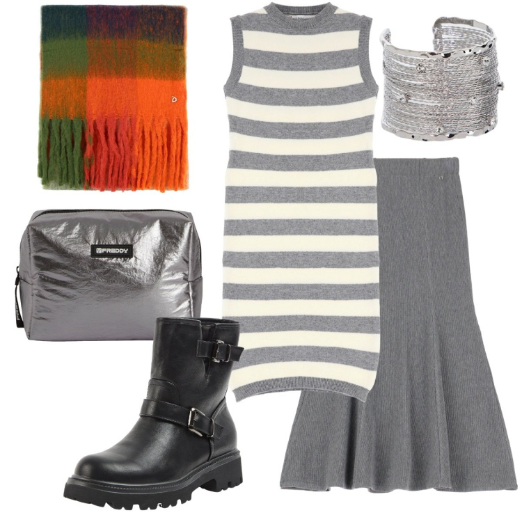 Outfit donna - Total look #2043485. Stile Rock per Tutti i giorni. Abbinamento con stivaletti, vestiti, gonne lunghe, braccialetti, stole, valigie.