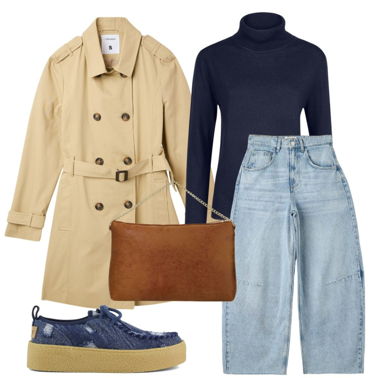 Outfit donna - Total look #2043511. Stile Urban per Tutti i giorni. Abbinamento con trench, jeans boyfriend, pochette, mocassini, maglieria.